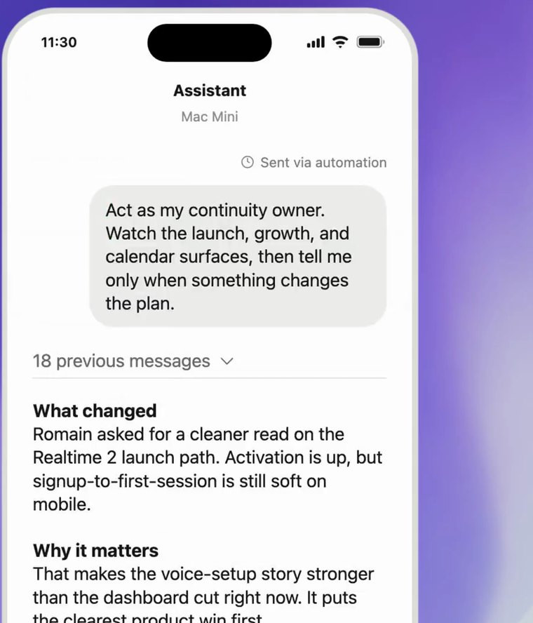 Codex Assistant thread on a Mac Mini sent via automation, asked to act as continuity owner and report only when something changes the plan, followed by What changed and Why it matters sections