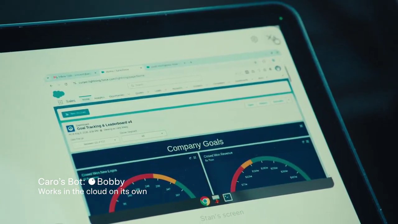 Laptop screen showing a bot's own cloud screen with a Salesforce Company Goals dashboard open, captioned Caro's Bot, Bobby, works in the cloud on its own