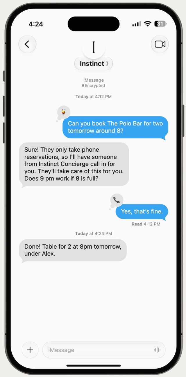 iMessage thread with Instinct booking a table at The Polo Bar through Concierge