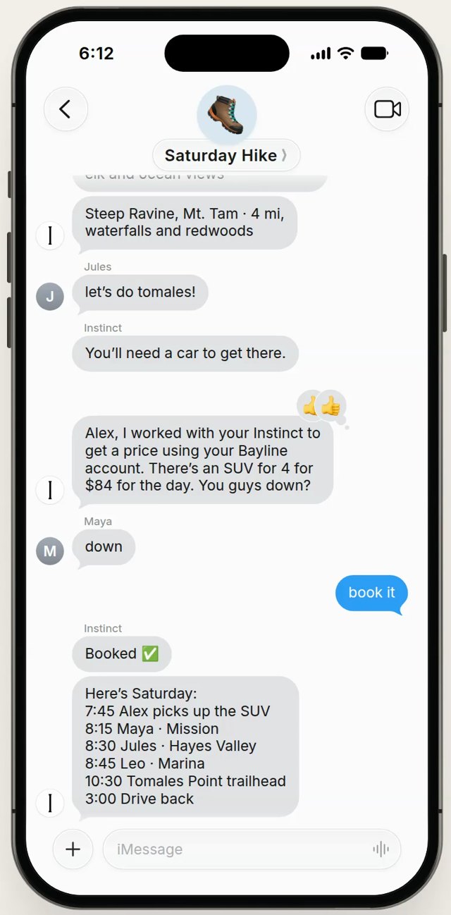 Group iMessage thread where Instinct plans a Saturday hike and books a car