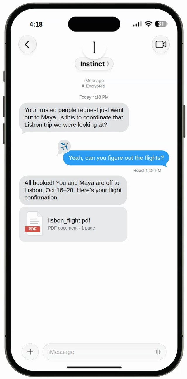 Instinct thread confirming Lisbon flights booked after coordinating with another person&rsquo;s Instinct