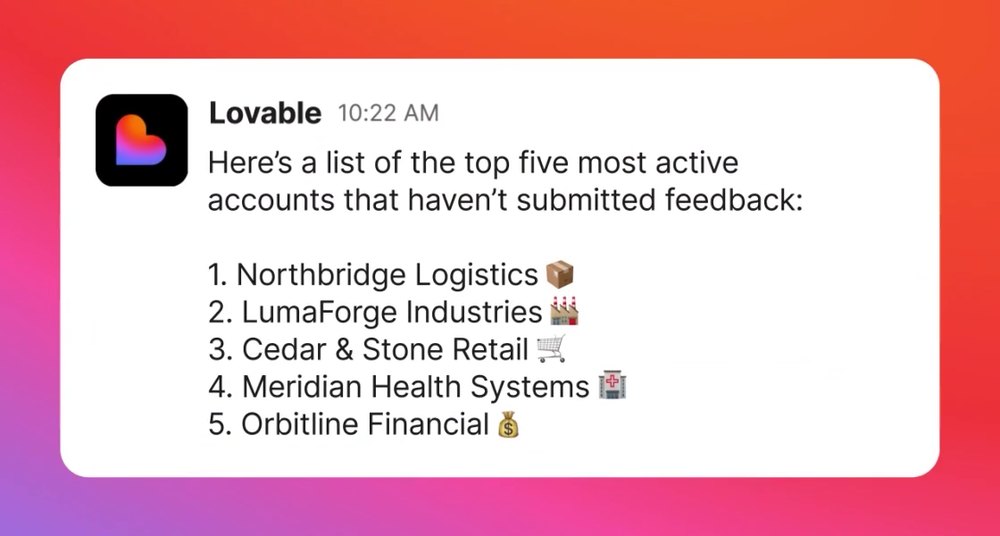Slack message from Lovable listing the top five most active accounts that have not submitted feedback