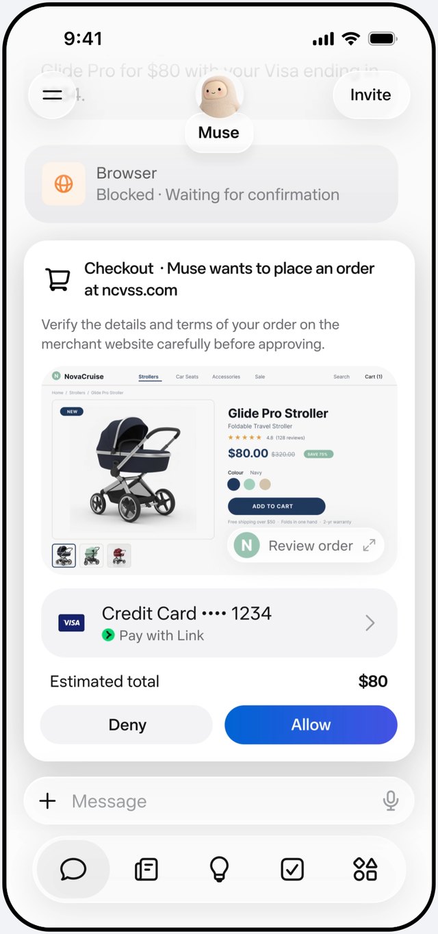 Muse checkout card asking to place an 80 dollar stroller order on a merchant site, with the browser blocked waiting for confirmation