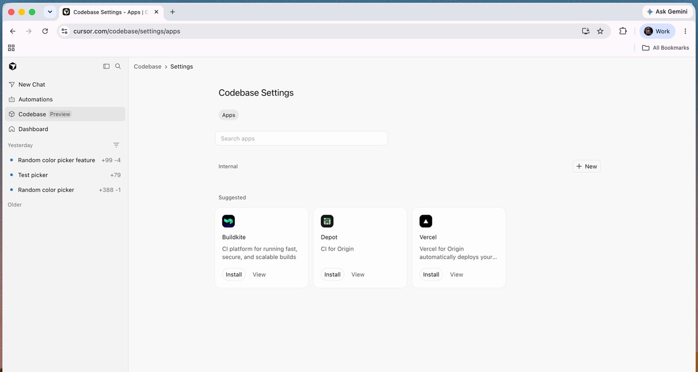 Cursor Codebase Settings apps page in a browser at cursor.com/codebase/settings/apps, with Buildkite, Depot and Vercel suggested as installable apps